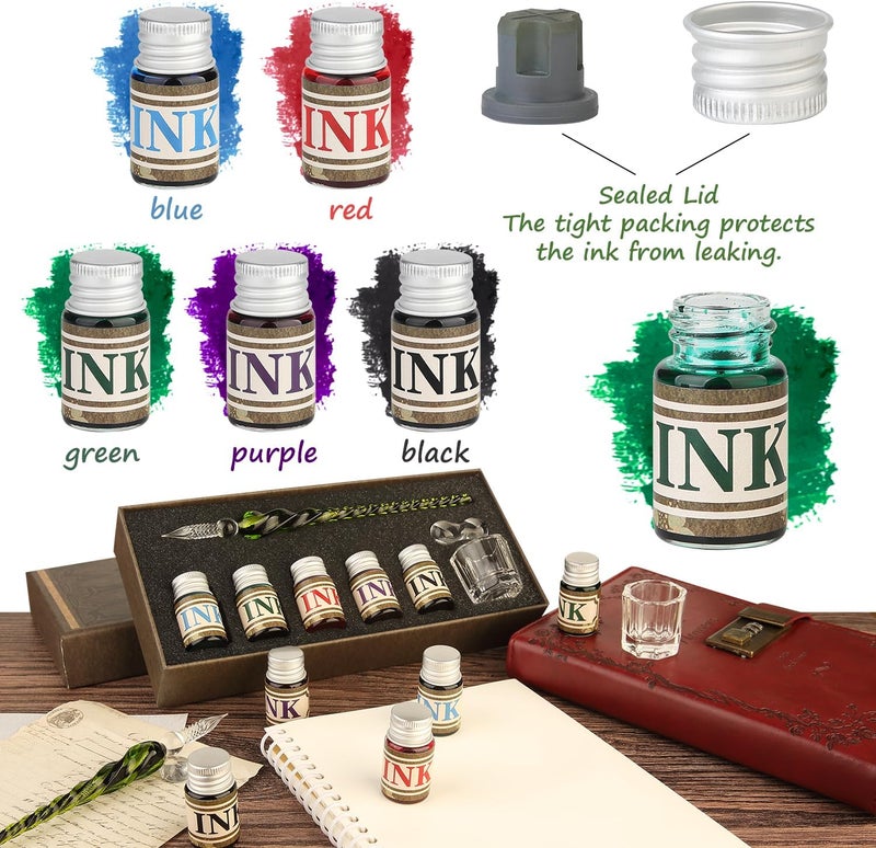 mancola Glass Dipped Crystal Calligraphy Pen Set with 5 Colorful India Ink, 1 Pen Holder, 1 Cleaning Cup, Ink Drip Tool, Signatures, Drawing, Decoration Kits for Beginners - Image 4